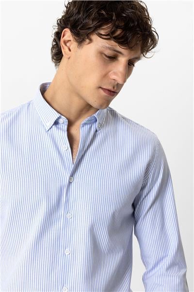 Mavi Slim Fit Pamuklu Çizgili Gömlek