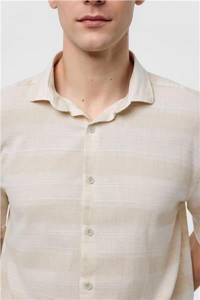 Bej Regular Fit Çizgili Dokuma Gömlek