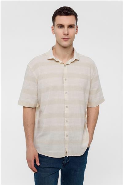 Bej Regular Fit Çizgili Dokuma Gömlek