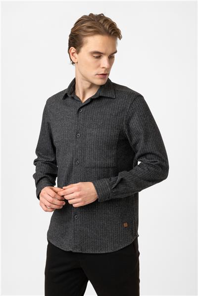 Siyah Regular Fit Cepli Desenli Örme Gömlek
