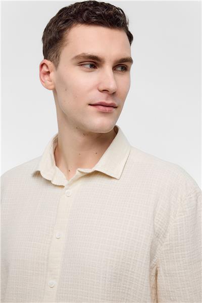 Bej Regular Fit %100 Pamuk Kısa Kollu Gömlek