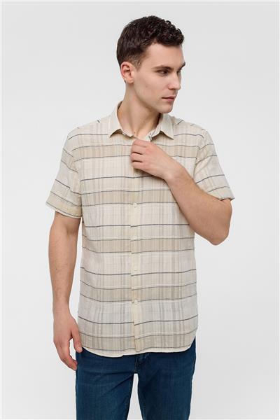 Ekru Regular Fit Çizgili Kısa Kollu Gömlek