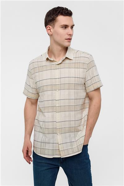 Ekru Regular Fit Çizgili Kısa Kollu Gömlek