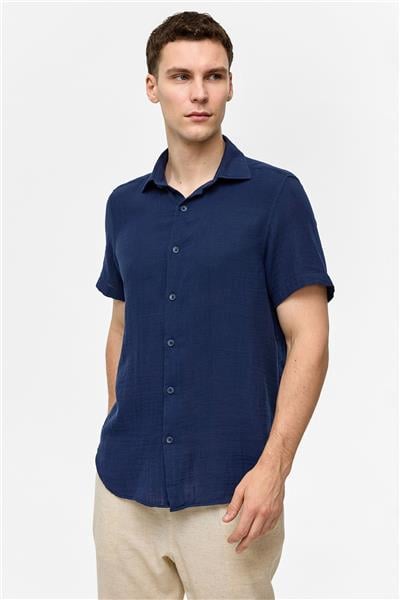 Lacivert Regular Fit Kısa Kollu Düz Gömlek