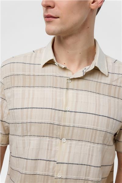 Ekru Regular Fit Çizgili Kısa Kollu Gömlek