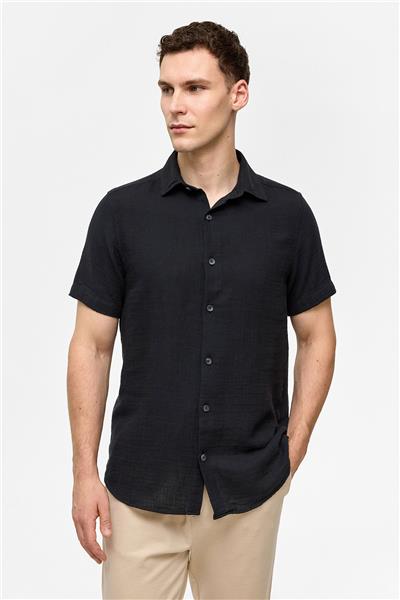 Siyah Regular Fit Kısa Kollu Düz Gömlek