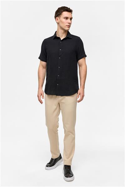 Siyah Regular Fit Kısa Kollu Düz Gömlek