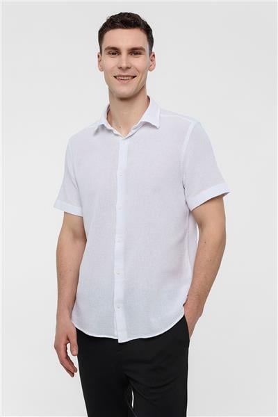 Beyaz Regular Fit Kısa Kollu Düz Gömlek