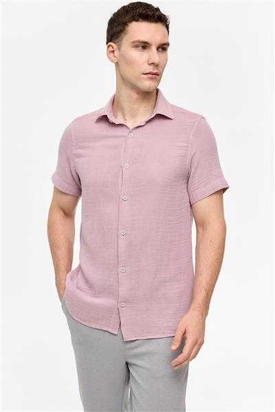 Pembe Regular Fit Kısa Kollu Düz Gömlek