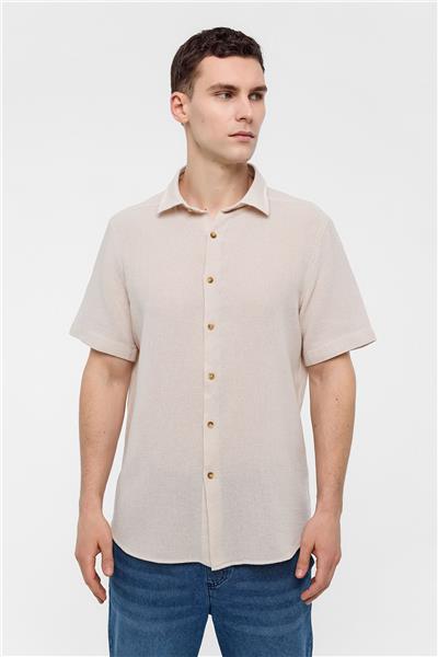 Bej Regular Fit Kısa Kollu Düz Gömlek