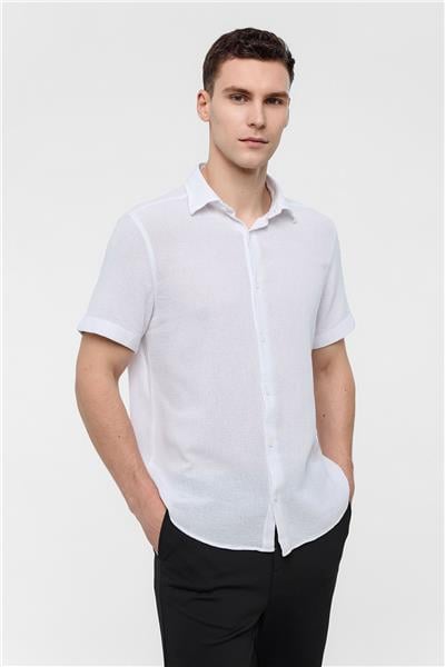 Beyaz Regular Fit Kısa Kollu Düz Gömlek