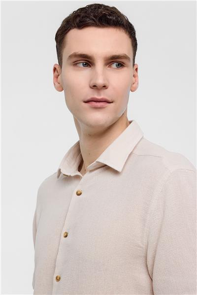 Bej Regular Fit Kısa Kollu Düz Gömlek