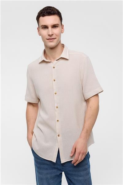 Bej Regular Fit Kısa Kollu Düz Gömlek