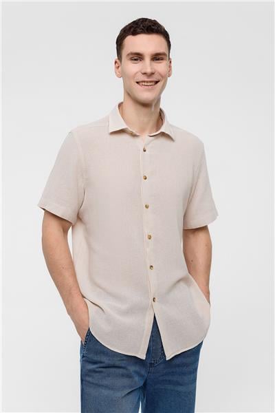 Bej Regular Fit Kısa Kollu Düz Gömlek
