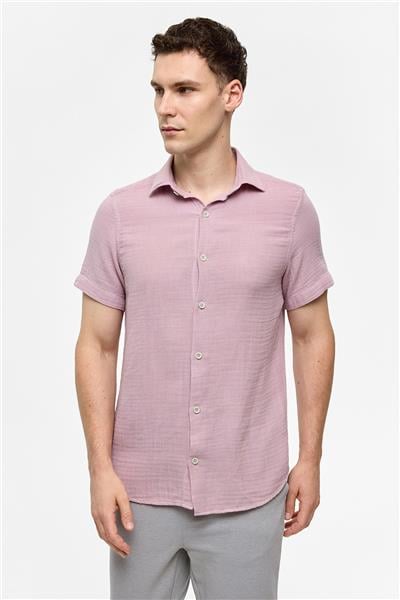 Pembe Regular Fit Kısa Kollu Düz Gömlek