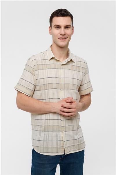 Ekru Regular Fit Çizgili Kısa Kollu Gömlek