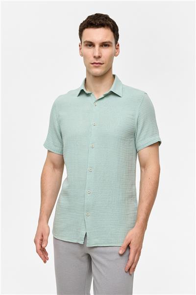 Yeşil Regular Fit Kısa Kollu Düz Gömlek