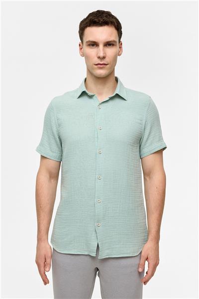 Yeşil Regular Fit Kısa Kollu Düz Gömlek