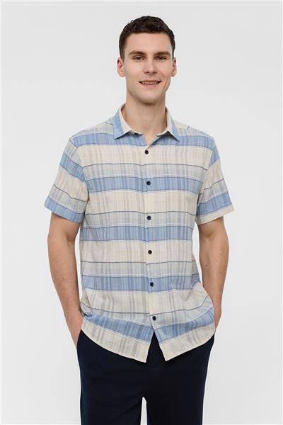Mavi Regular Fit Çizgili Kısa Kollu Gömlek