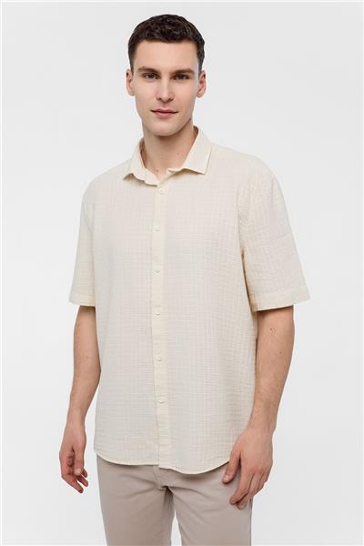 Bej Regular Fit %100 Pamuk Kısa Kollu Gömlek