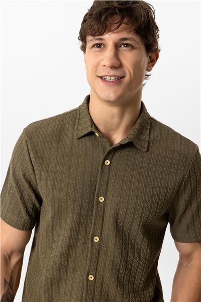 Haki Regular Fit Kısa Kollu Desenli Örme Gömlek