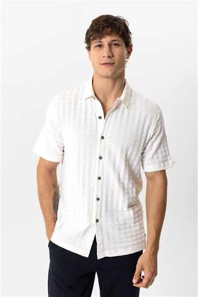Beyaz Regular Fit Desenli Kısa Kollu %100 Pamuk Gömlek