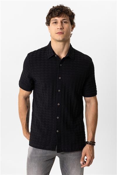 Siyah Regular Fit Desenli Kısa Kollu %100 Pamuk Gömlek