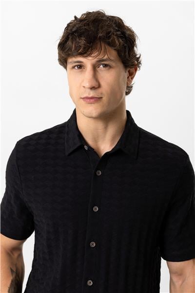 Siyah Regular Fit Desenli Kısa Kollu %100 Pamuk Gömlek