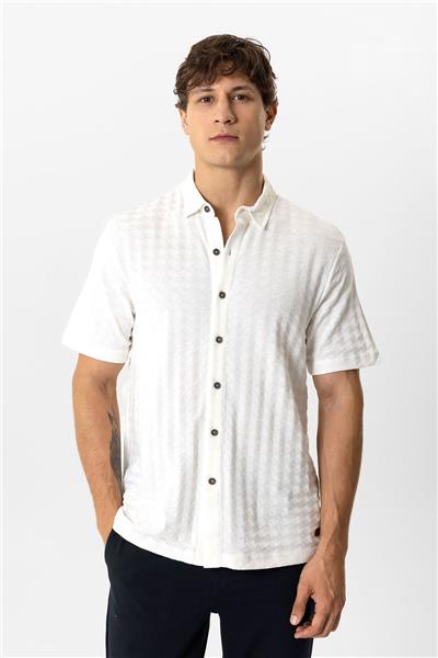 Beyaz Regular Fit Desenli Kısa Kollu %100 Pamuk Gömlek
