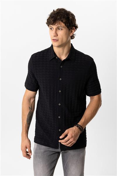 Siyah Regular Fit Desenli Kısa Kollu %100 Pamuk Gömlek