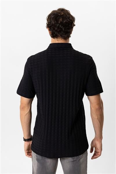 Siyah Regular Fit Desenli Kısa Kollu %100 Pamuk Gömlek