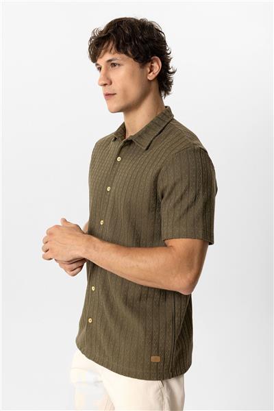 Haki Regular Fit Kısa Kollu Desenli Örme Gömlek