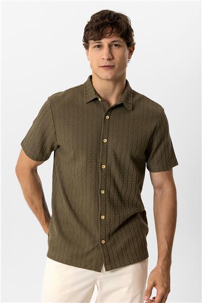 Haki Regular Fit Kısa Kollu Desenli Örme Gömlek