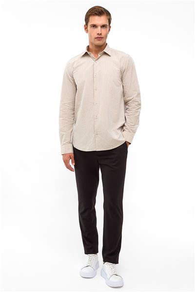 Bej Regular Fit Çizgili Dokuma Gömlek