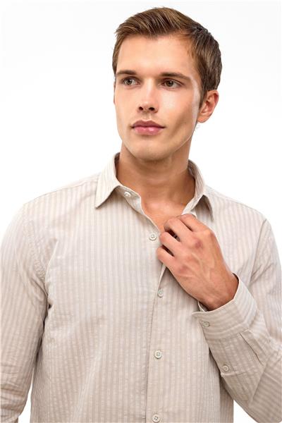 Bej Regular Fit Çizgili Dokuma Gömlek