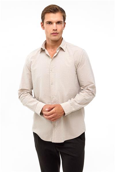 Bej Regular Fit Çizgili Dokuma Gömlek