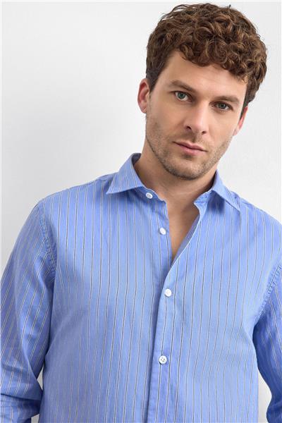 Mavi Normal Yaka Çizgili Gömlek