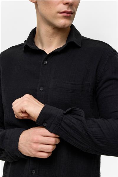 Siyah Regular Fit Uzun Kollu Düz Gömlek