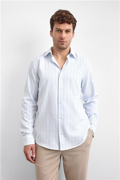 Mavi Çizgili Normal Yaka  Gömlek