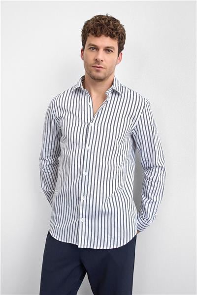 Lacivert Çizgili Normal Yaka Gömlek