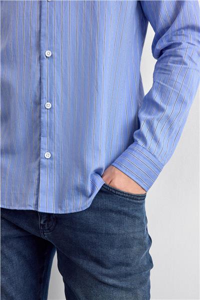 Mavi Normal Yaka Çizgili Gömlek