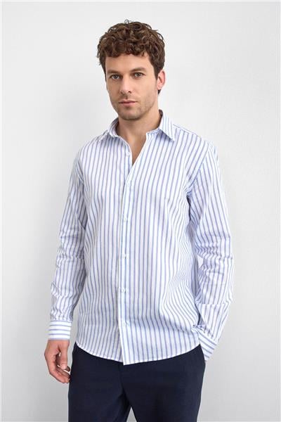 Mavi Çizgili Normal Yaka Gömlek