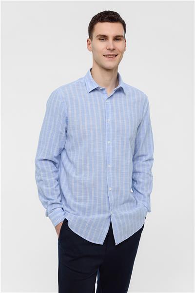 Mavi Regular Fit Çizgili Uzun Kollu Gömlek