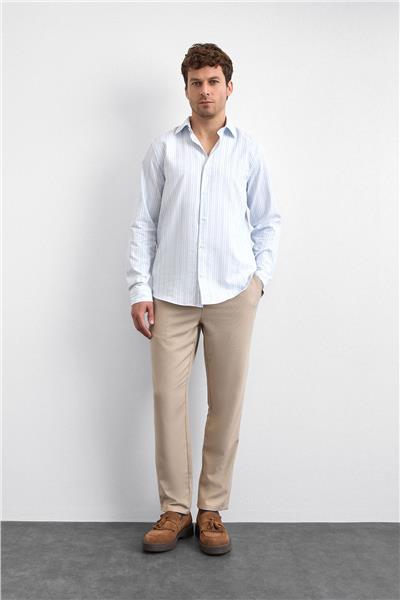 Mavi Çizgili Normal Yaka  Gömlek