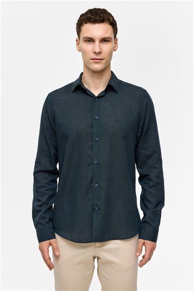 Lacivert Uzun Kollu Dokuma Gömlek