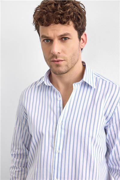 Mavi Çizgili Normal Yaka Gömlek