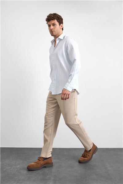 Mavi Çizgili Normal Yaka  Gömlek