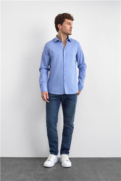 Mavi Normal Yaka Çizgili Gömlek