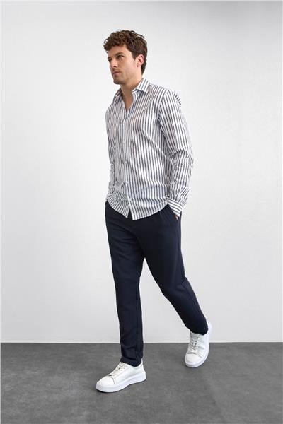 Lacivert Çizgili Normal Yaka Gömlek