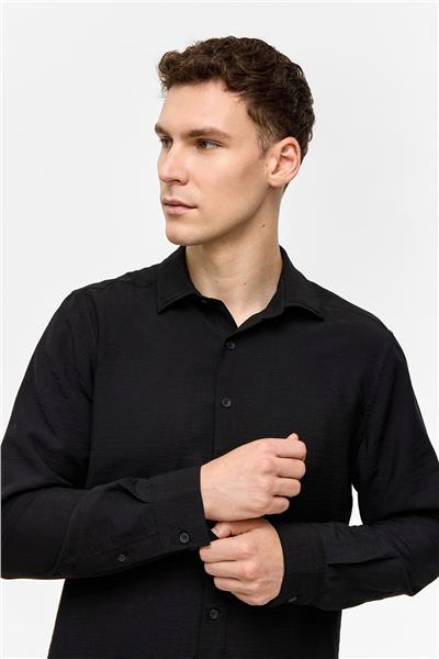 Siyah Regular Fit Uzun Kollu Düz Gömlek